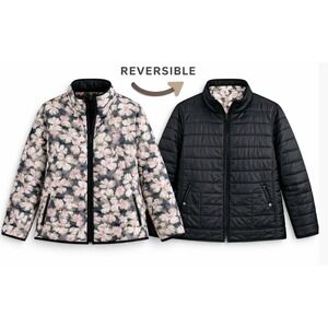 Basler Reversible Quilted Jacket 50 2X Black Floral Zip Lightweight‎ Germany